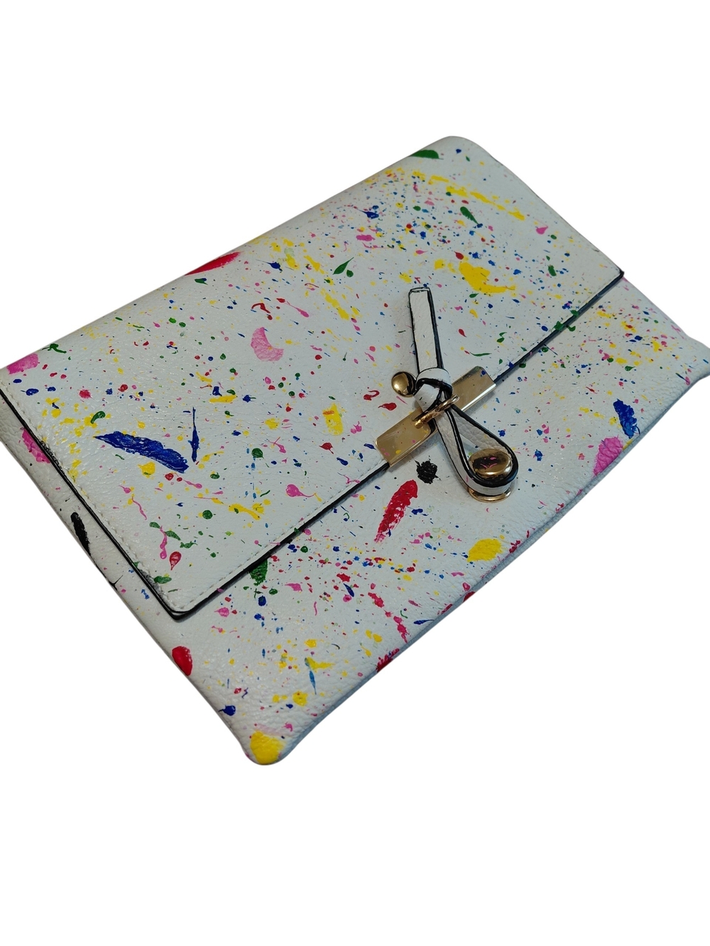 White Multicolor 80-90s Paint-Splatter Clutch with Gold Hardware